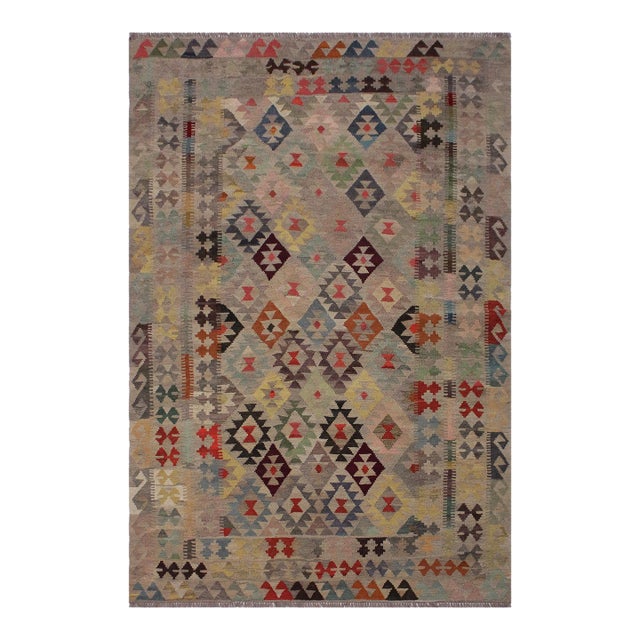 Rustic Kilim Gray Pink Wool Rug - 5'7" X 8'4" For Sale