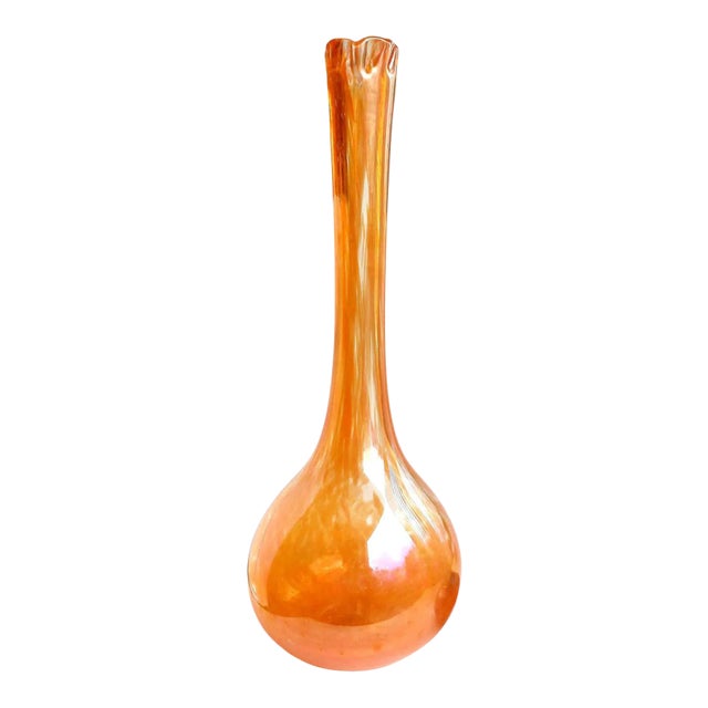 Murano Dino Martens Vintage Very Tall Orange Iridescent Italian Art Glass Midcentury Flower Vase For Sale