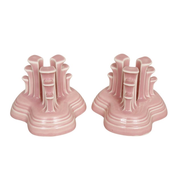 Mid-Century Modern Fiesta Rose Tripod Candlestick Holders by Homer Laughlin, a Pair For Sale - Image 3 of 6