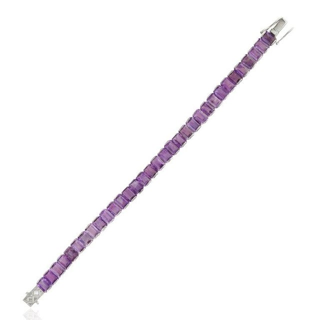 Art Deco Bochic Natural Amethyst Step-Cut Tennis Bracelet in Solid Silver for Her For Sale - Image 3 of 11