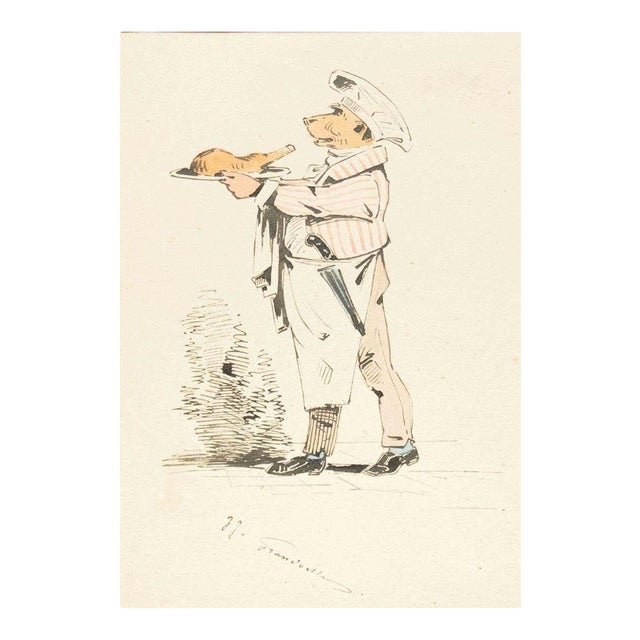 The Chef - Original Ink Drawing and Watercolor by J.J. Grandville 1845 ca. For Sale