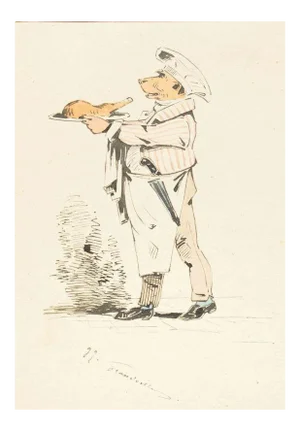 The Chef - Original Ink Drawing and Watercolor by J.J. Grandville 1845 ca.