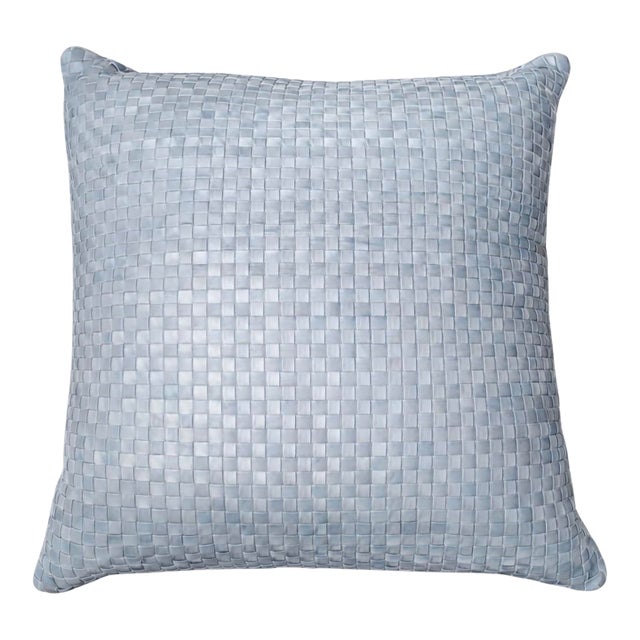 Lulu & Georgia Woven Blue Leather Decorative Pillow For Sale