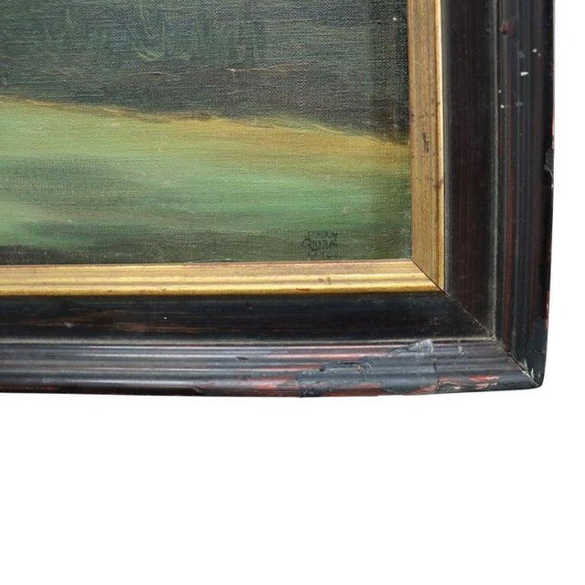 Antique Oil on Canvas Folk Art Painting of a Rustic Country River Village C1890 For Sale - Image 9 of 12