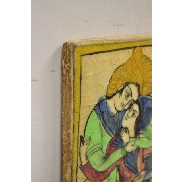 Antique Persian Iznik Qajar Style Green Ceramic Pottery Tile Loving Couple C5 For Sale In Philadelphia - Image 6 of 9