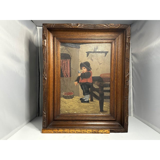 Black Antique Folk Art Oil Painting: Young German Boy with Spoon For Sale - Image 8 of 9