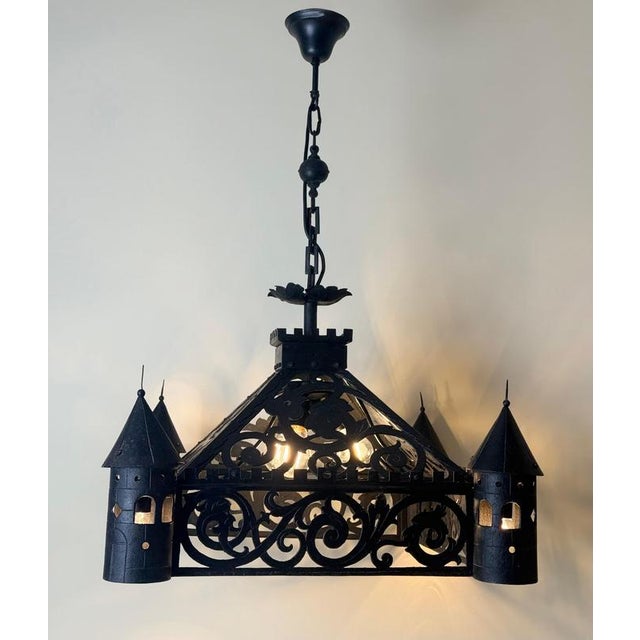Antique Gothic Revival Wrought Iron Castle Chandelier with Turrets, 1910 For Sale - Image 12 of 18