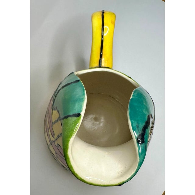 Vintage Art Nouveau Tiffany Style "Poppy Flowers" Painted Ceramic Pitcher, Yellow, Red, and Navy Blue For Sale - Image 10 of 11