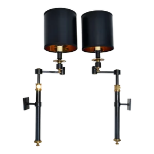 Pair, Maison Jansen Style Brass Retractable Sconce Wall Light Black & Gold Shade