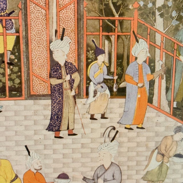 1970’s Gilded Persian Court Life Panoramic Triptych For Sale - Image 14 of 14