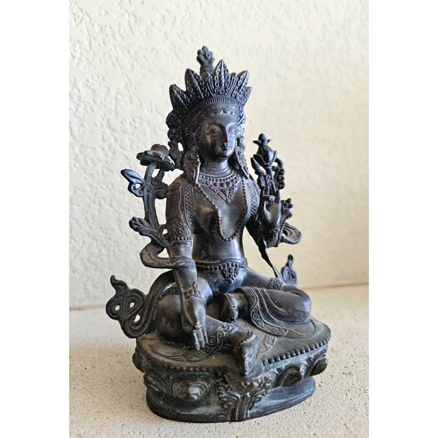 Asian Antique 19th Century Tibetan Green Tara Bronze – Shyama Tara “Swift Liberator” – Himalayan Altar Sculpture For Sale - Image 3 of 12