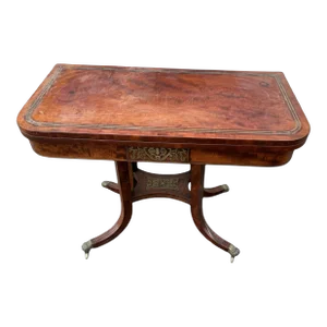 Mid 19th Century Antique English Regency Mahogany Game Card Table W Brass Inlay