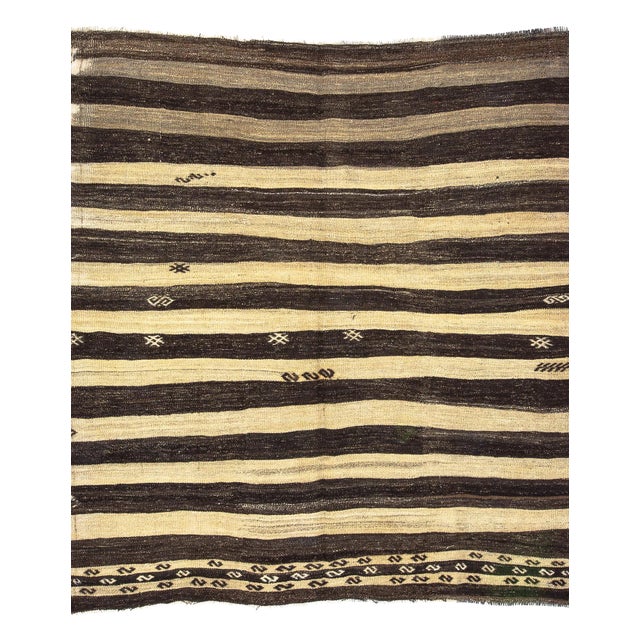 Striped Ivory & Brown Natural Kilim Rug-6'8'x7'1" For Sale