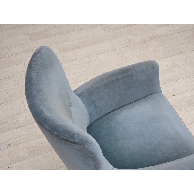 1960s Set of Vintage Danish Chair with Ottoman in Blue Furniture Velour and Oak, 1960s For Sale - Image 5 of 18