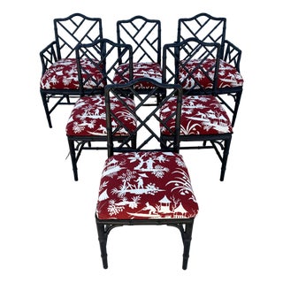Set of Six 1970s Black Chinese Chippendale Style Faux Bamboo Dining Chairs For Sale