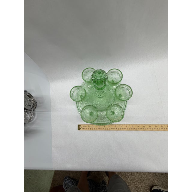 1960s Vintage Vaseline / Uranium Green Pressed Glass Decanter and Cordial Set With Tray - 8 pcs For Sale - Image 5 of 11