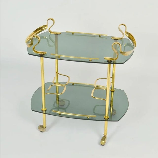 Gold Italian Bar Cart in Brass and Smoked Glass, 1960s For Sale - Image 8 of 12
