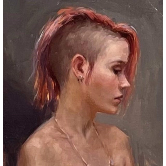 Sam by Derek Harrison | Oil on linen Portrait of a woman with short hair and a necklace. For Sale - Image 4 of 5
