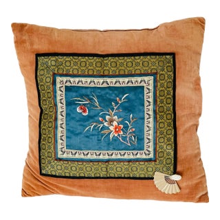 Vintage Chinese Brocade Embroidered Velvet Pillow For Sale