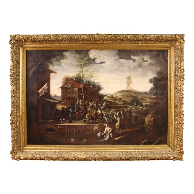 Flemish Landscape, Village Festival, 1640, Oil on Canvas, Framed For Sale