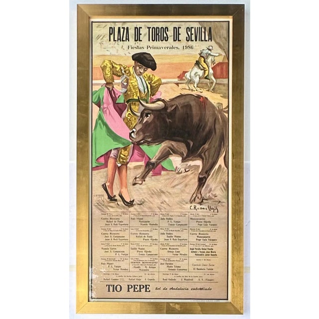 Tan 1986 Plaza De Toros De Sevilla Bullfight Poster – Fiestas Primaverales, Tío Pepe Advertisement – Framed For Sale - Image 8 of 8