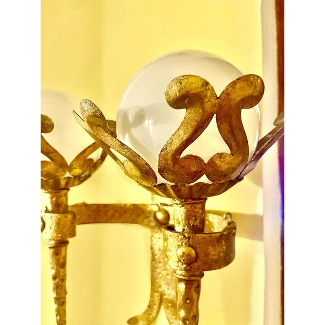 1950s Spanish Wall Light in Gilt Iron with Milk Glass Globes, 1950, Set of 2 For Sale - Image 5 of 10
