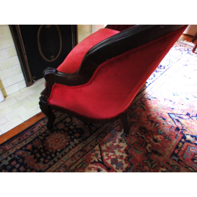 Antique Victorian Carved Walnut Red Velvet Tufted Love Seat For Sale In Columbia, SC - Image 6 of 14