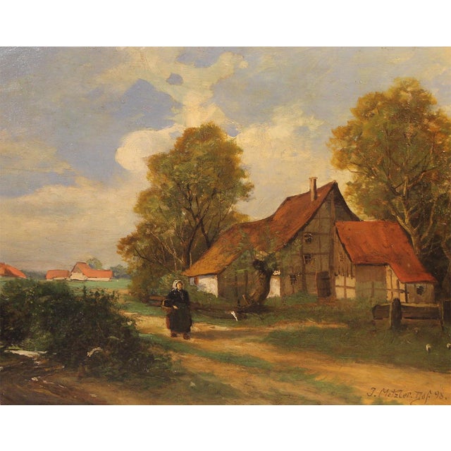 A charming original oil painting depicting a tranquil village scene. This work is executed in oil on wood. It is signed...