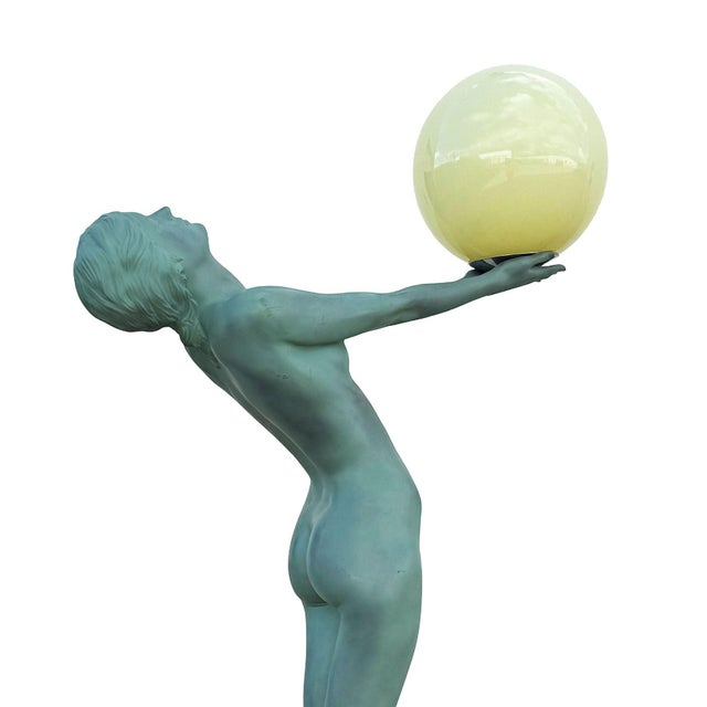 1990s 6' Art Deco "Clarte" Biba Nude Green Patina Floor Lamp, Max Le Verrier Style For Sale - Image 5 of 10