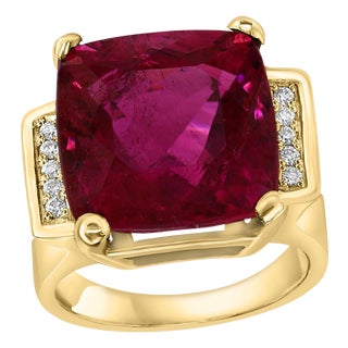 12 Carat Cushion Cut Natural Pink Tourmaline & Diamond 14 Karat Yellow Gold Ring For Sale