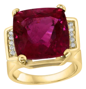 12 Carat Cushion Cut Natural Pink Tourmaline & Diamond 14 Karat Yellow Gold Ring
