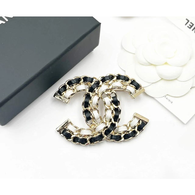 Chanel Brand New Gold CC Black White Leather Chain Large Brooch *Marked 22 *Made in Italy *Comes with the original box,...