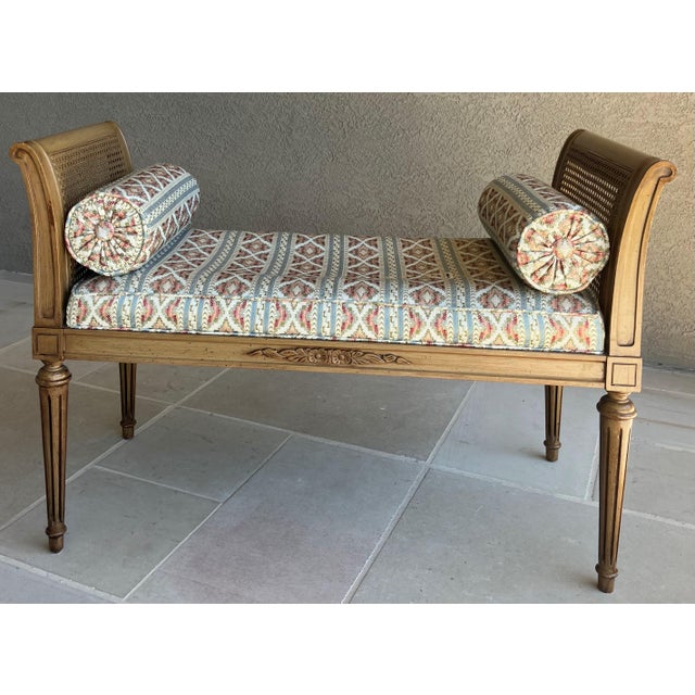 Excellent Pre-Owned Condition. Exceptionally attractive Regency-inspired cane and ash wood upholstered window or entryway...