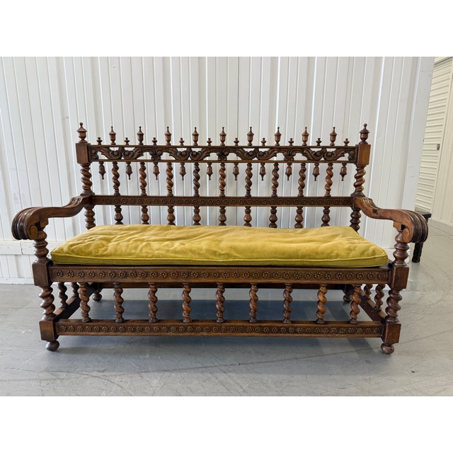 Renaissance Revival Walnut Spindle-Back Settee With Velvet Cushion, 19th Century For Sale - Image 4 of 9