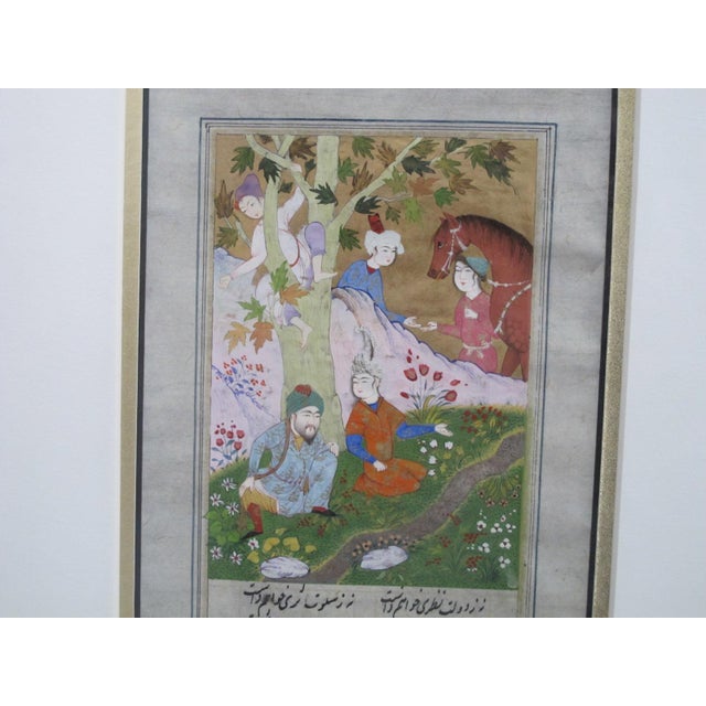 18th Century Persian Miniature Framed Illuminated Book Manuscript of Figures in Garden Setting For Sale - Image 5 of 7