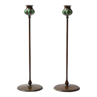 Arts and Crafts Candle Holders in the Manner of Tiffany & Co. For Sale