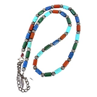 Vintage Sterling Silver, Turquoise, Lapis, Malachite and Carnelian Beaded Necklace For Sale
