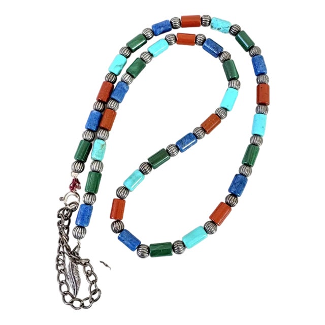 Vintage Sterling Silver, Turquoise, Lapis, Malachite and Carnelian Beaded Necklace For Sale