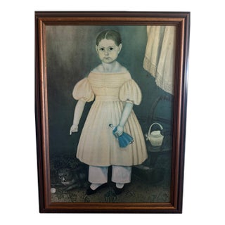 Vintage Folk Art Print on Wood Little Girl Pointing at Cat For Sale