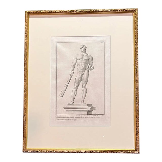 Antique Neoclassical Engraving “Hercules” (Ercole) After Classical Sculpture – Gilt Frame For Sale