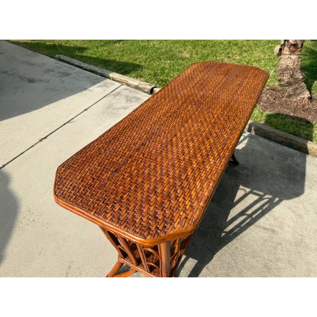 Vintage Palm Beach Handwoven Natural Rattan Console Table For Sale In Naples, FL - Image 6 of 15
