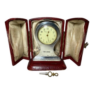 Working Antique Walter Jones Sterling Silver Hard Cased Travel Desk Clock For Sale