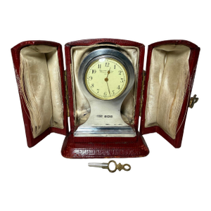 Working Antique Walter Jones Sterling Silver Hard Cased Travel Desk Clock