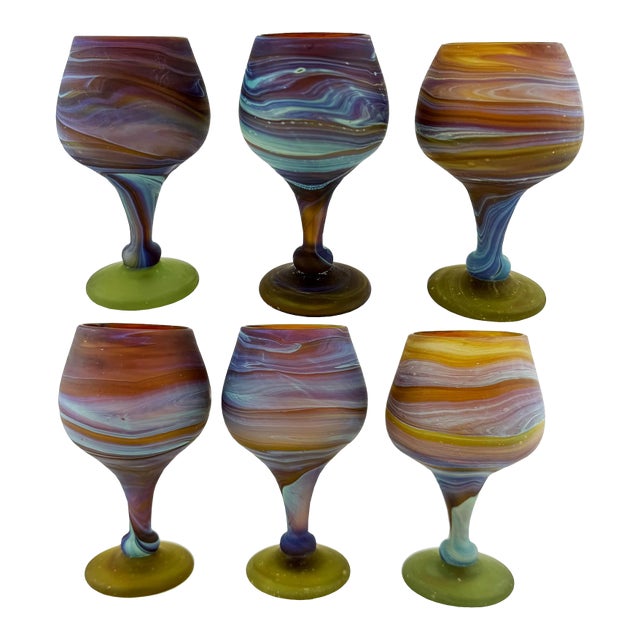 Vintage Hebron Phoenician Handblown Glass Wine Goblets - Set of Six For Sale