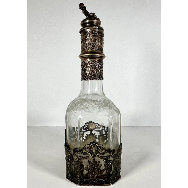 19th Century Antique Hanau Silver Mounted Etched Glass Decanter: French Rococo, Georg Roth & Co. For Sale - Image 5 of 10