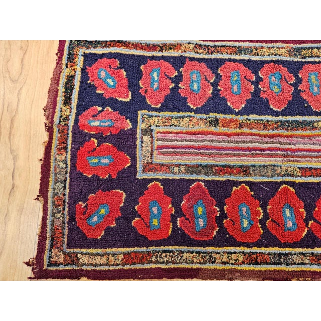 Vintage American Hand Hooked Rug, Handwoven Floret Pattern, Folk Art Tapestry, 1x2 For Sale - Image 4 of 9