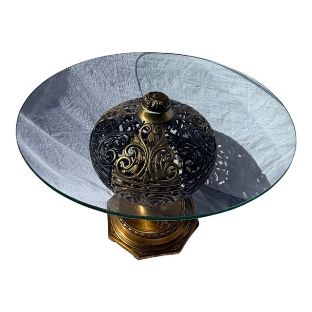 Vintage Hollywood Regency Gilt Metal Orb Pedestal Coffee Table With Glass Top – 24” For Sale