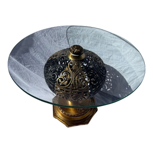 Vintage Hollywood Regency Gilt Metal Orb Pedestal Coffee Table With Glass Top – 24”