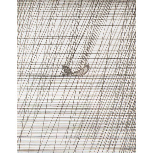 A 1982 abstract etching by the American artist Art Hansen (1929-2017). Titled "Fisherman in a Rainstorm," the print...