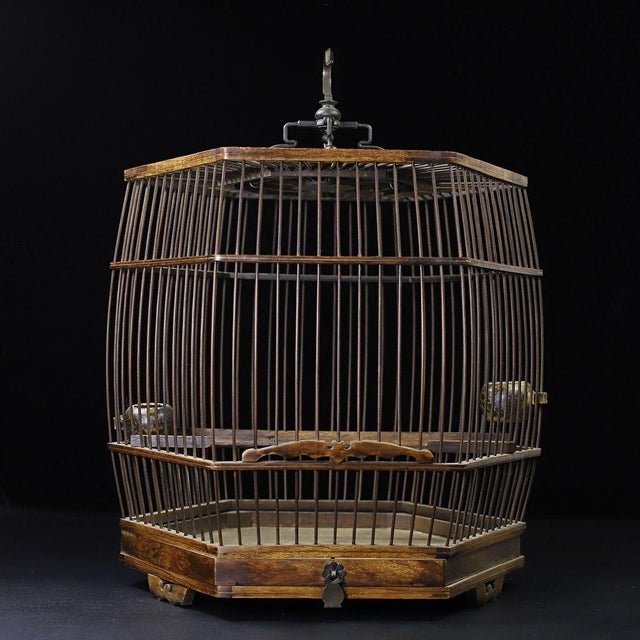 Mid 20th Century Vintage Chinese Huali Rosewood Hexagonal Bird Cage With Gemstone Inlays and Bronze Hook For Sale - Image 5 of 9